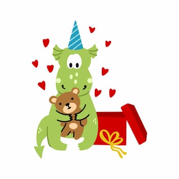 Funny cute dragon received teddy bear as gift. symbol of new year 2024 according to Eastern calendar.  illustration in style of doodles. Cartoon sticker.
