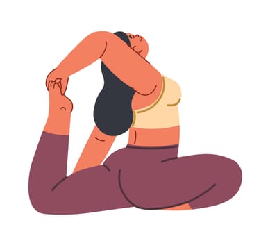 King pigeon yoga pose, meditation and keeping fit with asanas. Isolated woman in sport suit doing exercises. Stretching and relaxing. Eka pada rajakapotasana, gymnastics. Vector in flat style