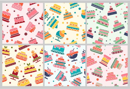 Decorative pattern design set with sweet cake. Colorful flat confectionery pastry elements at background decoration collection, vector illustration. Seamless banner with baked food
