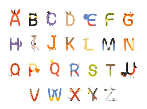 Font alphabet design with colorful animals concept