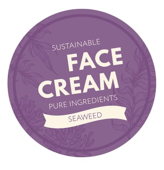 Face cream with pure ingredients. Isolated icon with sustainable solution, seaweed components. Cosmetics and products for health care. Label or logotype, emblem for package. Vector in flat style