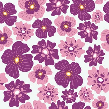 Spring or summer blooming flowers, flourishing decoration. Floral botany design, flora and blossom with wildflowers petals. Seamless pattern, wallpaper or background print. Vector in flat style