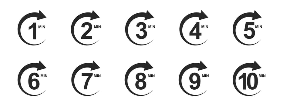 1, 2, 3, 4, 5, 6, 7, 8, 9, 10 minutes icons with circle arrows. Stopwatch symbols. Countdown signs. Sports or cooking timers. Delivery, deadline, duration pictograms