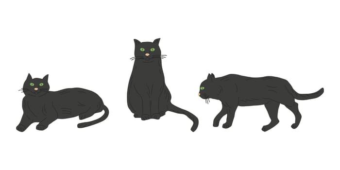 Pets sleep and sit in different poses. Cats are black. Design of a banner, a poster for a pet store and pet supplies. Vector flat illustration.