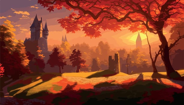 A large castle with a tower on top of a hill surrounded by autumn trees, vector illustration