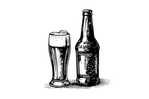 Glass of beer with bottle of beer isolated on white background, hand-drawing sketch. Vector vintage engraved illustration.