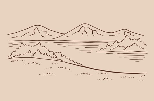 Landscape with lake and mountains. Hand drawn illustration converted to vector.