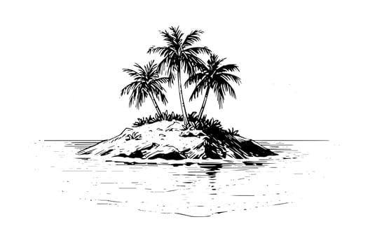 Islands with palms landscape hand drawn ink sketch. Engraving style vector illustration.