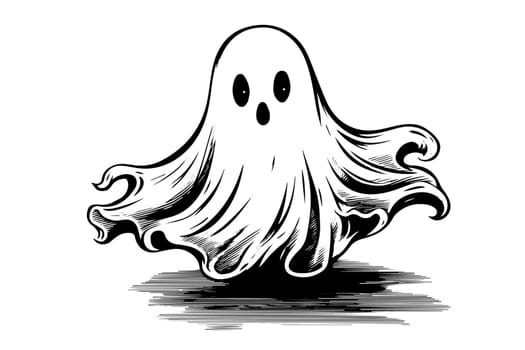 Hand Drawn Halloween Scary Flying Ghost Vector engraving style Illustration.