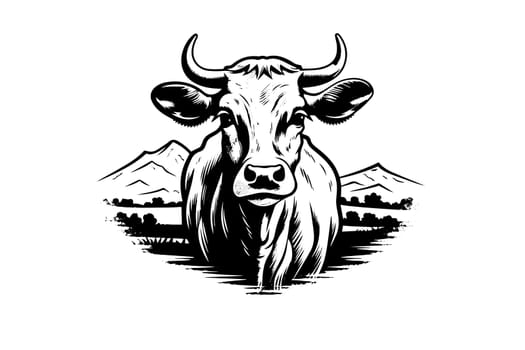 Cow logotype hand drawn ink sketch. Engraving style vector illustration.