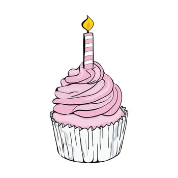 Pink birthday celebration cupcake line icon with candle symbol.