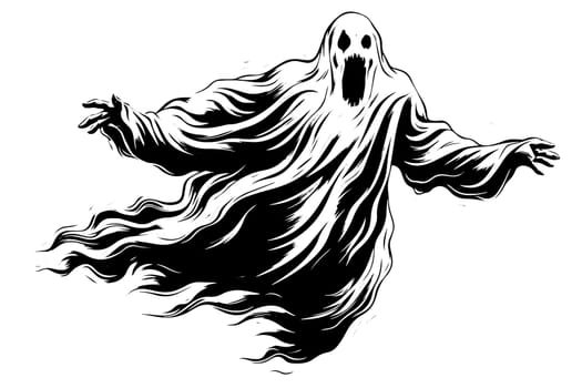 Hand Drawn Halloween Scary Flying Ghost Vector engraving style Illustration.