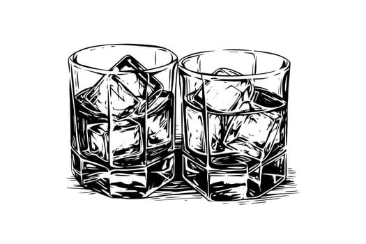 Glass of whiskey or bourbon hand drawn in sketch. Engraving style vector illustration.