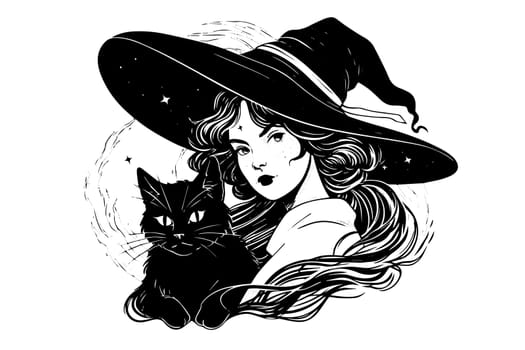Witch halloween woman with black cat hand drawn ink sketch. Engraving style vector illustration.