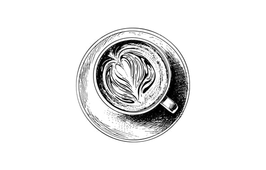 A cup of cappucino on a saucer with a spoon. Hand drawn vector engraving style illustrations.
