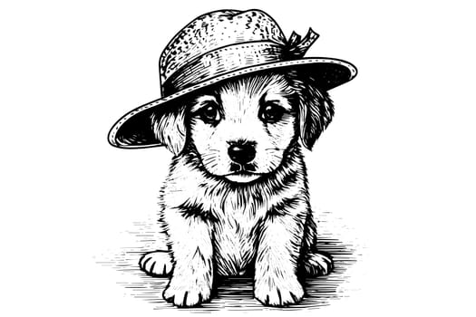 Cute puppy hand drawn ink sketch. Dog in engraving style vector illustration.