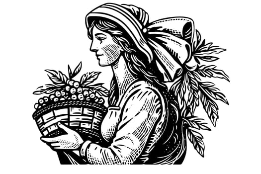 A woman farmer harvesting in the field in engraving style. Drawing ink sketch vector illustration.