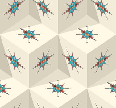 Decorative geometric repeating pattern inspired by Al-Qatt Al-Asiri traditional paintings, isometric cube vector pattern
