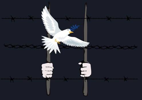 Hands clenched into fists in barbed wire loops. Fighting injustice and discrimination Prisoners in prisons and concentration camps who were illegally convicted. Vector