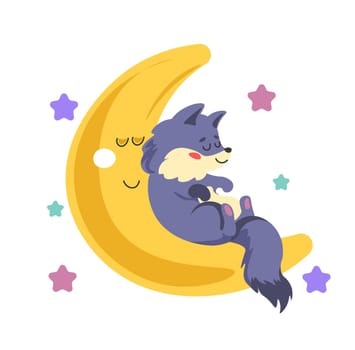 Sleepy wolf animal, character on crescent moon