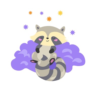 Sleepy raccoon animal character on fluffy clouds