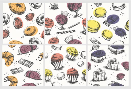 Decorative pattern set with hand drawn desserts
