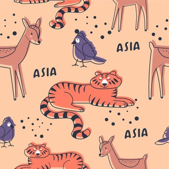 Asian animals, tiger and avian bird seamless print