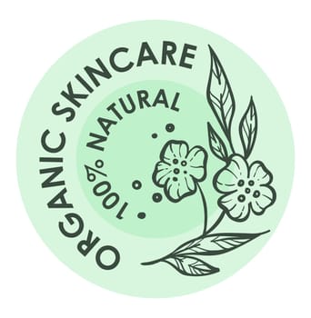 Skincare cosmetics and beauty care, organic and natural ingredients for women. Beautification and treatment for ladies. Label or logotype, round emblem for product package. Vector in flat style