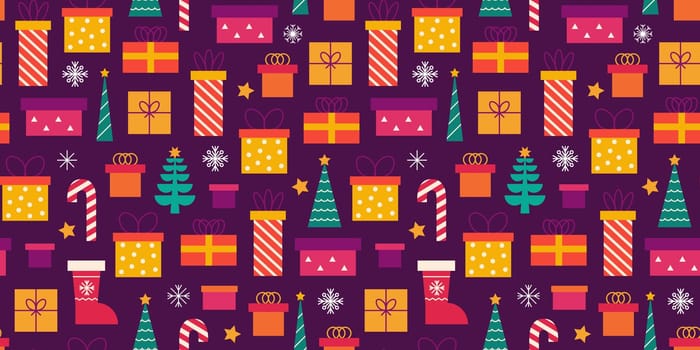 Christmas seamless pattern with Christmas trees, gifts and snowflakes. Vector festive background
