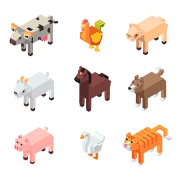 Funny animal characters, pixel or square figures