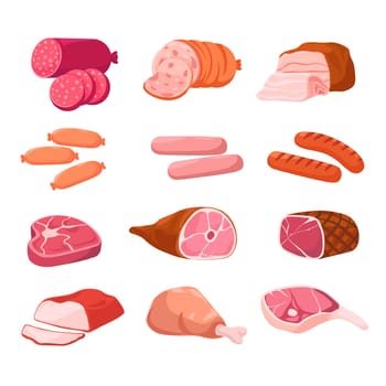 Meat variety and assortment in butcher shop store