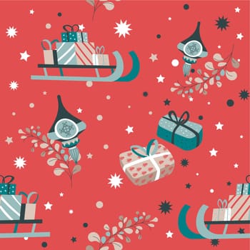 New Year and Christmas holiday celebration. Sleigh with presents and gifts for kids, baubles with snowflakes. Seamless pattern or background print wallpaper. Vector in flat style illustration
