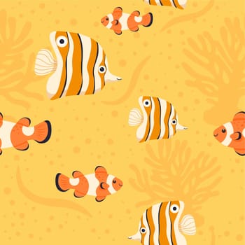 Exotic clown fish and flora, fauna underwater