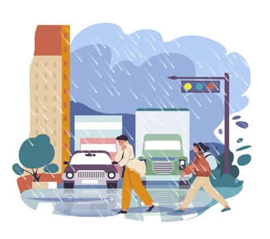 Downpour in city, raining bad weather conditions. People crossing street, deluge or flooding in town. Cityscape with drops and puddles on streets. Meteorology and seasonal change. Vector in flat style