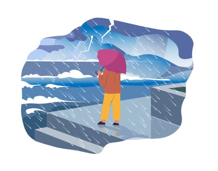 Bad weather and meteorological conditions, rain and downpour. Lightning bolts and grey sky with thunder, storm at seaside. Person with umbrella looking at waves in the sea. Vector in flat style