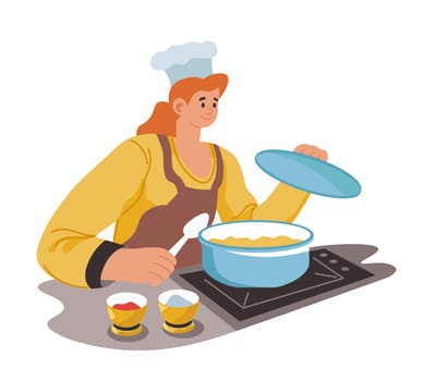 Cooking soup, professional cook trying meal vector