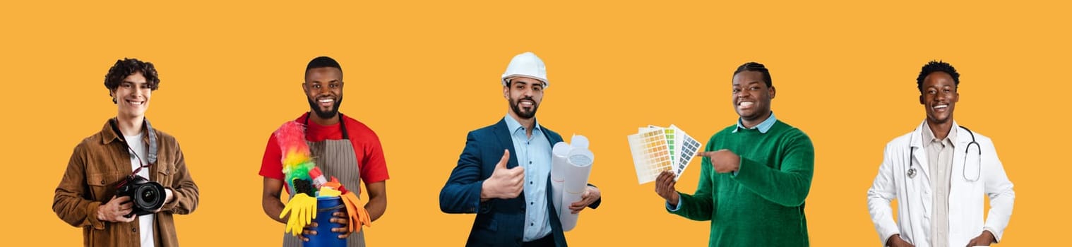 Careers Concept. Various men in their work uniforms posing against colorful background