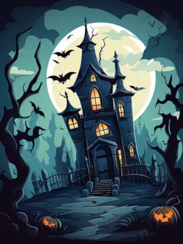Haunted house on a hill during a full moon. Cartoon country estate with creepy jack-o'-lanterns. Halloween concept AI
