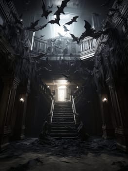 Hall room of a gothic haunted house, creepy atmosphere of a dilapidated abandoned house with bats. Halloween concept AI
