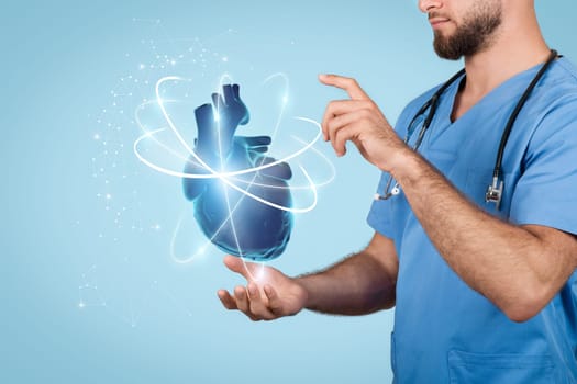 Doctor man presenting holographic heart over blue background