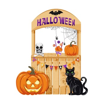 Halloween party stand. Wooden booth with pumpkin
