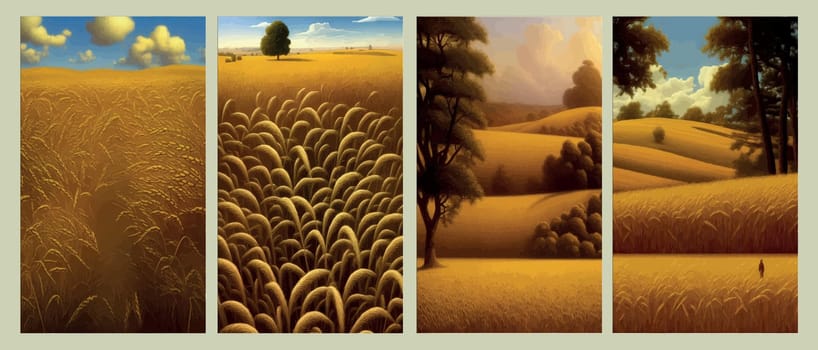 Rural landscape with wheat fields and yellow trees and sky on background. Vector illustration.