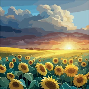 Rural landscape with field sunflowers, farm, fields, meadows and forests in the background. Vector illustration.