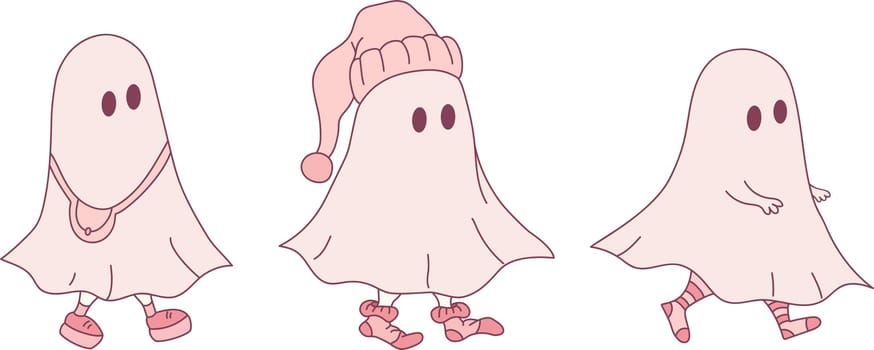 Three little ghosts in different clothes. Hand drawn cute ghosts isolated on white background. Halloween vector illustration 
