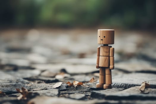Sad and lonely wooden man on an asphalt surface on a blurred natural background. The concept of loneliness, sadness, waiting. Generative AI