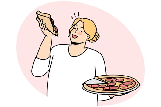Smiling overweight woman with pizza