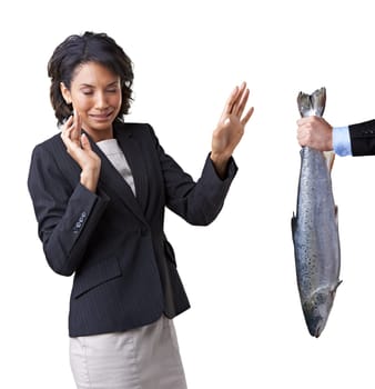 Woman, business or bribery reject or corporate dirty work, fish or offer disgust corruption crime. Black person, hand or steal opportunity refuse or stink task as mockup, white background in studio