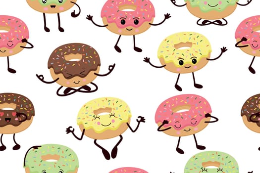 Seamless pattern with cute cute funny donuts in kawaii style. Vector illustration