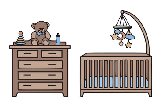 Furniture for a children's room. Crib, toys and chest of drawers with toys. Doodle illustration. Vector