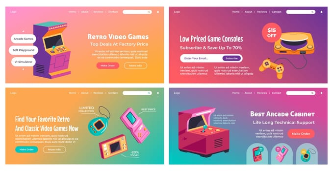 Landing page set design with retro video games